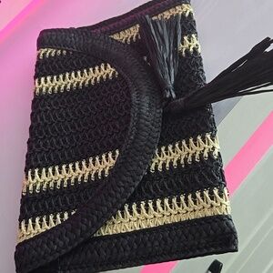 Black and Cream Woven Clutch with Tassels